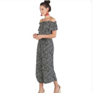 Palm Print Off Shoulder Romper Jumpsuit Cropped Wide Pants Small Breezy Floral